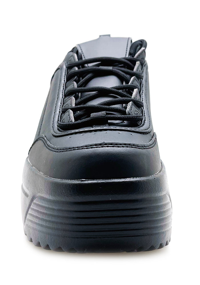 Front angled profile of the black LILY 5005 Next Level rave sneakers, showcasing the matte vegan leather finish and classic lace-up design.