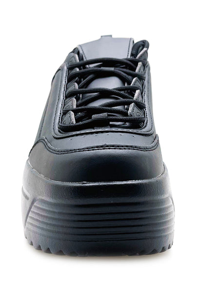 Front angled profile of the black LILY 5005 Next Level rave sneakers, showcasing the matte vegan leather finish and classic lace-up design.