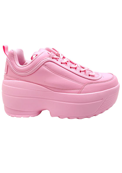 Side profile view of Berness LILY 5005 Sugar Pop pink platform sneakers, featuring a pastel pink vegan leather upper, classic lace-up closure, and a chunky 2-inch pink rubber platform sole.