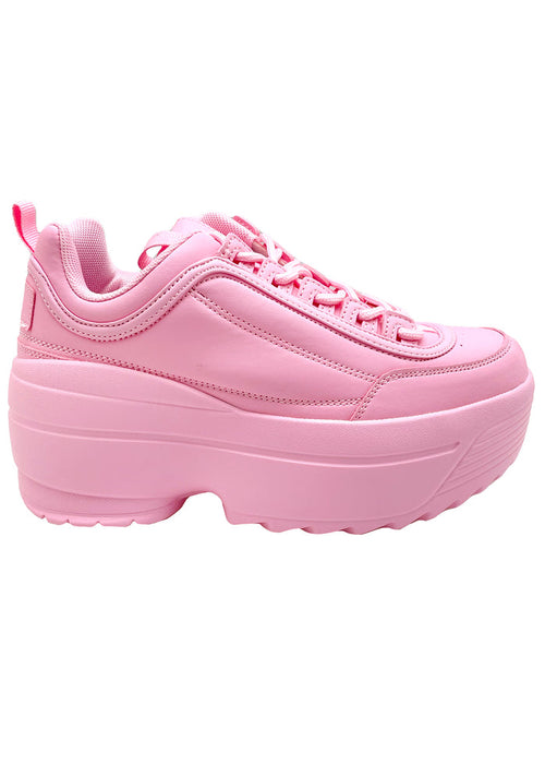 Side profile view of Berness LILY 5005 Sugar Pop pink platform sneakers, featuring a pastel pink vegan leather upper, classic lace-up closure, and a chunky 2-inch pink rubber platform sole.
