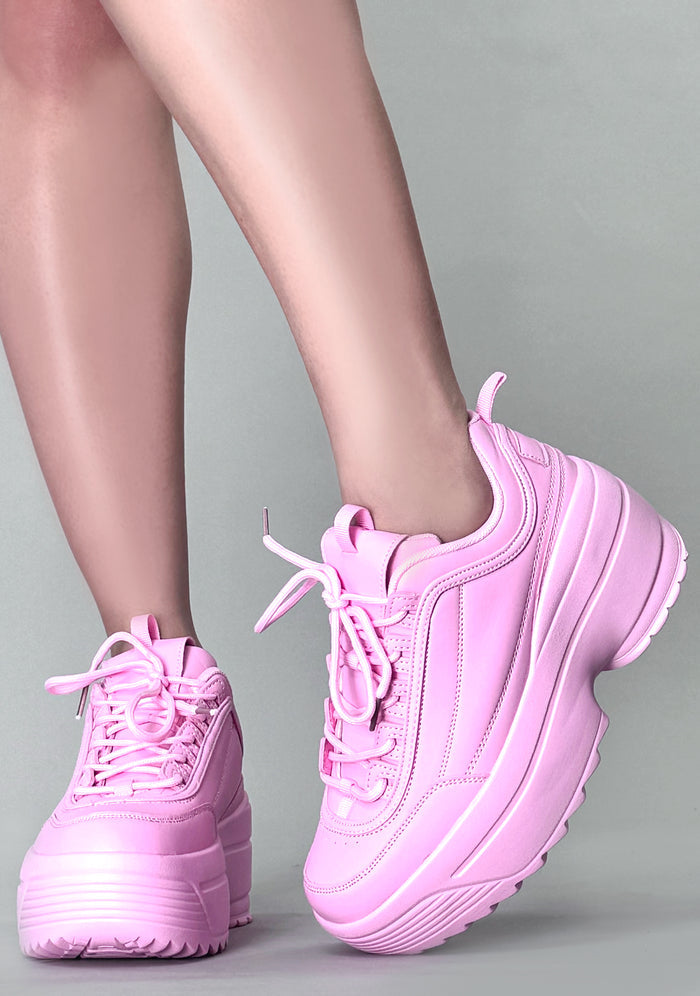 Side profile view of Berness LILY 5005 Sugar Pop pink platform sneakers, featuring a pastel pink vegan leather upper, classic lace-up closure, and a chunky 2-inch pink rubber platform sole.