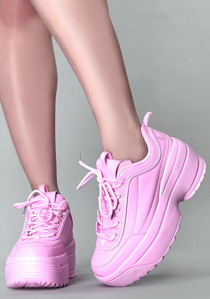 Side profile view of Berness LILY 5005 Sugar Pop pink platform sneakers, featuring a pastel pink vegan leather upper, classic lace-up closure, and a chunky 2-inch pink rubber platform sole.