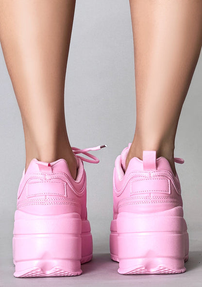 Rear view of the Berness LILY 5005 Sugar Pop pink vegan leather sneakers on-foot, detailing the structured back heel construction and the substantial depth of the chunky platform rubber outsole.