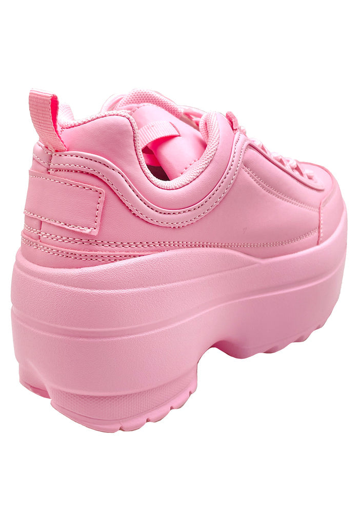 Close-up rear view of the Berness LILY 5005 Sugar Pop pink platform sneaker on-foot, detailing the structured back heel construction, clean tone-on-tone pastel pink stitching, and the substantial depth of the chunky platform rubber outsole.