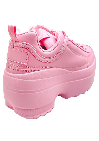 Close-up rear view of the Berness LILY 5005 Sugar Pop pink platform sneaker on-foot, detailing the structured back heel construction, clean tone-on-tone pastel pink stitching, and the substantial depth of the chunky platform rubber outsole.