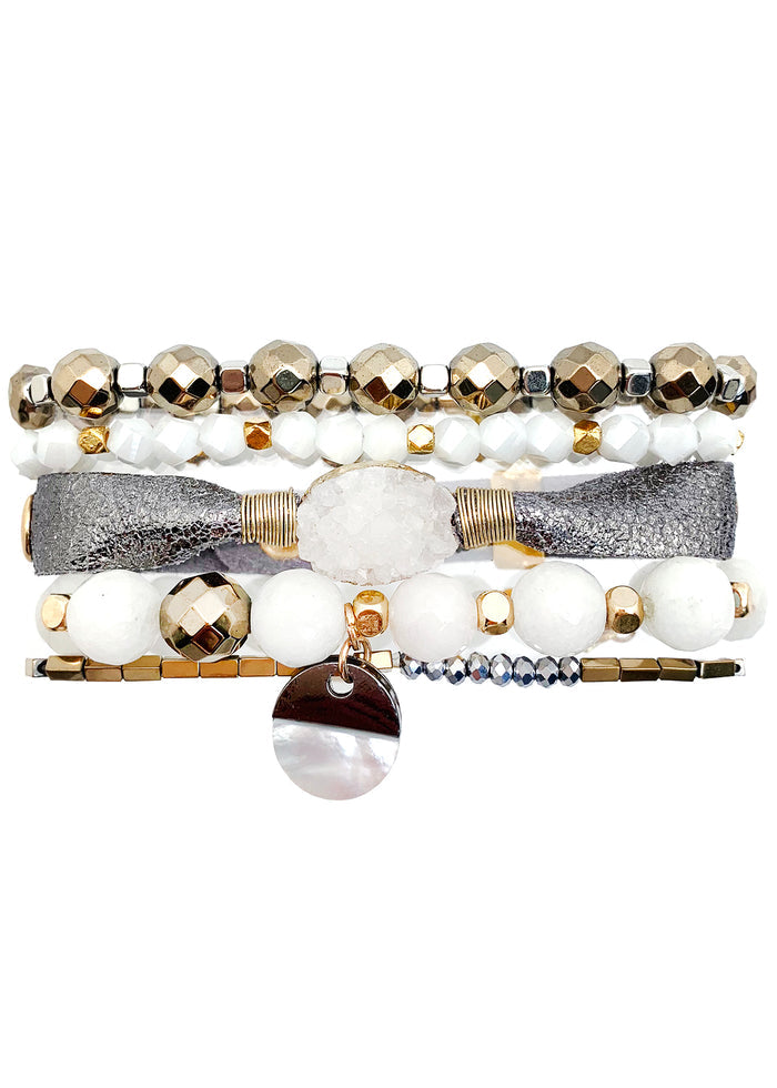 Erimish Love and Grace Box Set in white silver with gemstone accent charm and circle charm on boho festival bracelet stack — front view