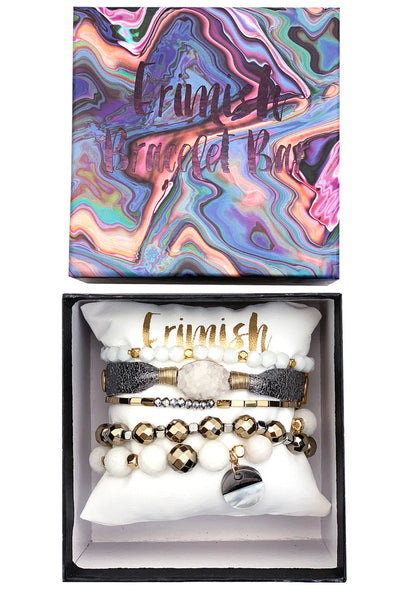 Erimish Love and Grace Box Set in white silver with gemstone accent charm and circle charm on boho festival bracelet stack — detail view