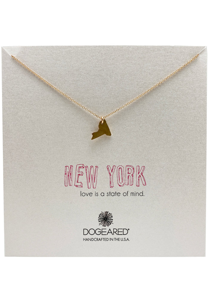 Dogeared Love is a State of Mind New York Necklace in gold with New York state-shaped pendant on 14k gold plated chain festival necklace — front view