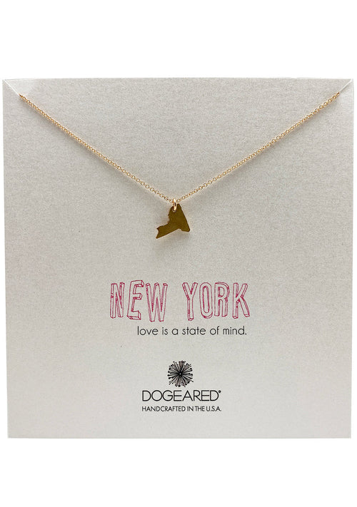Dogeared Love is a State of Mind New York Necklace in gold with New York state-shaped pendant on 14k gold plated chain festival necklace — front view