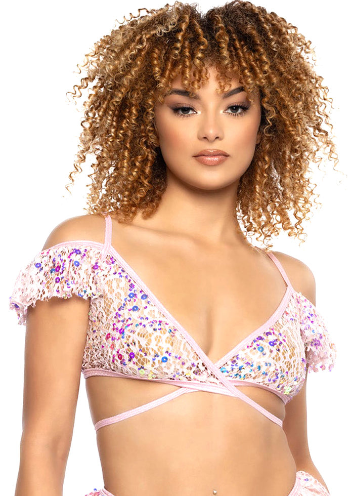 J Valentine Love Story Sequin Lace Ruffle Wrap Top in pink with see-thru lace and off-shoulder ruffle sleeves on festival top — front view