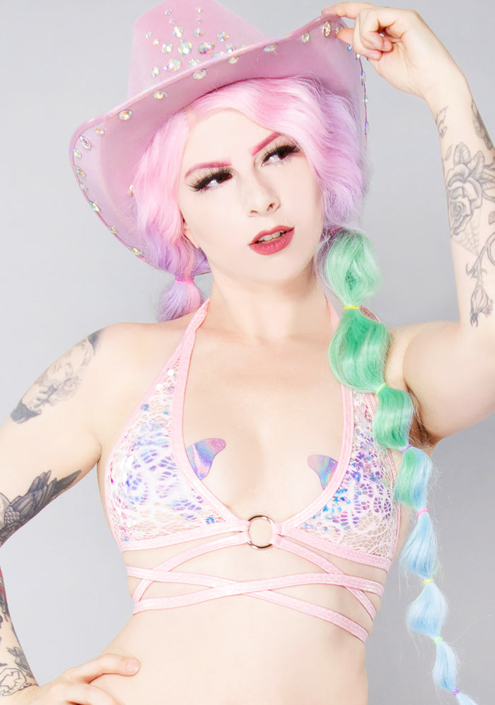 J Valentine Love Story Sequin Net Wrap Top in pink with see-thru lace sequin accent and o-ring detailing on festival top — front view