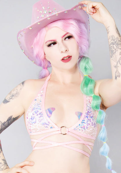J Valentine Love Story Sequin Net Wrap Top in pink with see-thru lace sequin accent and o-ring detailing on festival top — front view