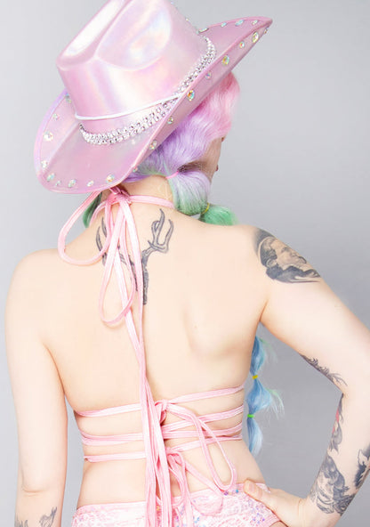 J Valentine Love Story Sequin Net Wrap Top in pink — back view