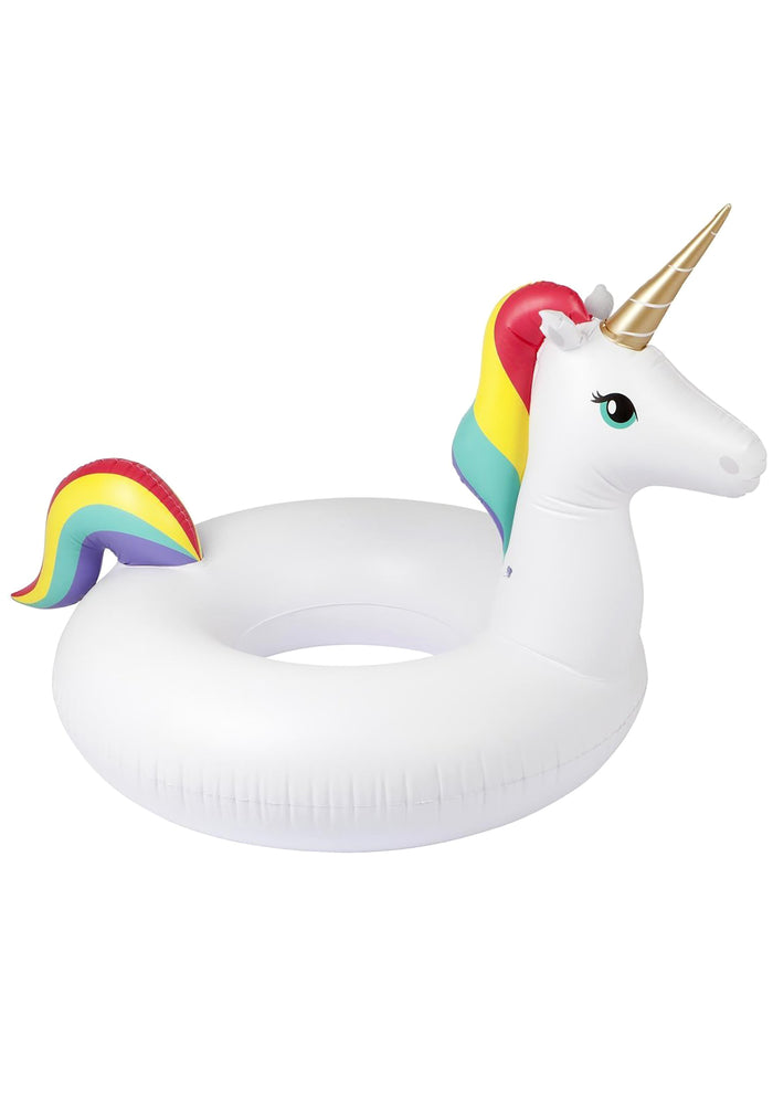SunnyLife Luxe Unicorn Pool Ring in white multi with inflatable PVC unicorn design on festival pool float — front view