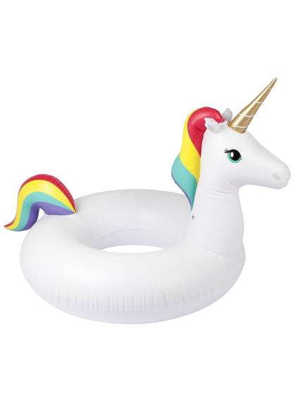 SunnyLife Luxe Unicorn Pool Ring in white multi with inflatable PVC unicorn design on festival pool float — front view