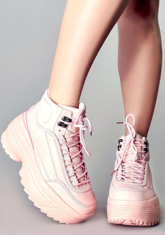 Side view of Berness MACY 01 pink vegan leather platform sneakers with chunky 2-inch rubber soles