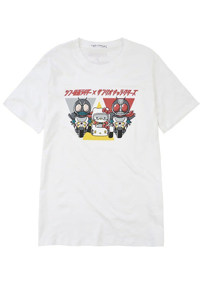 Masked Rider x Sanrio Hello Kitty Tee in white with Hello Kitty in Masked Rider costume crossover graphic — front view