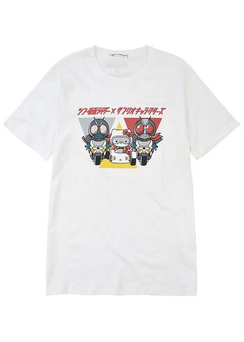 Masked Rider x Sanrio Hello Kitty Tee in white with Hello Kitty in Masked Rider costume crossover graphic — front view