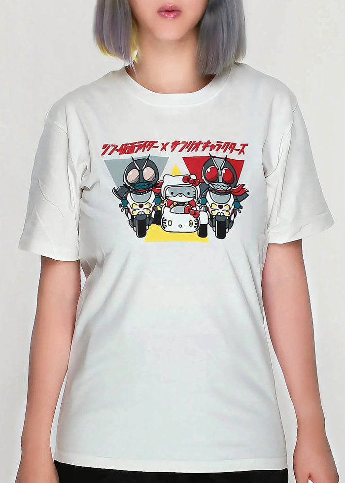 Masked Rider x Sanrio Hello Kitty Tee in white with Hello Kitty in Masked Rider costume crossover graphic — detail view