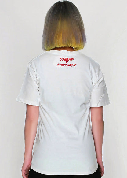 Masked Rider x Sanrio Hello Kitty Tee in white with Hello Kitty in Masked Rider costume crossover graphic — back view