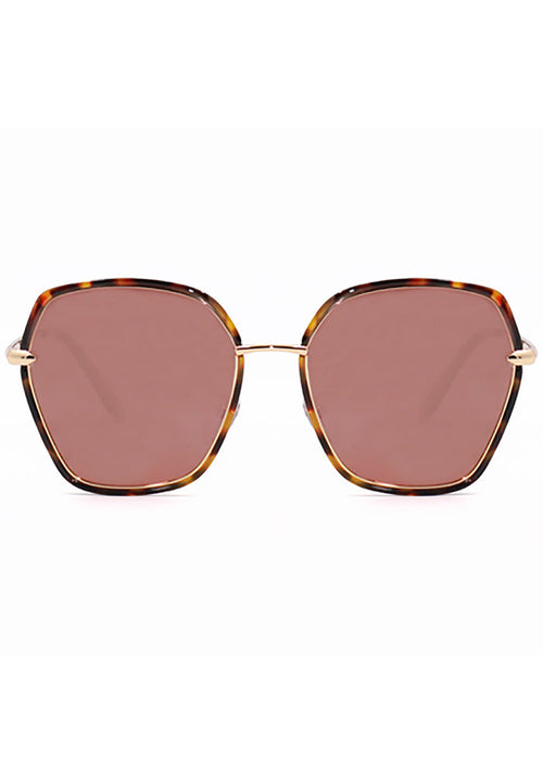 TopFoxx Maya Sunglasses in tortoise shell with gold bridge and brown oversized lenses on festival sunglasses — front view
