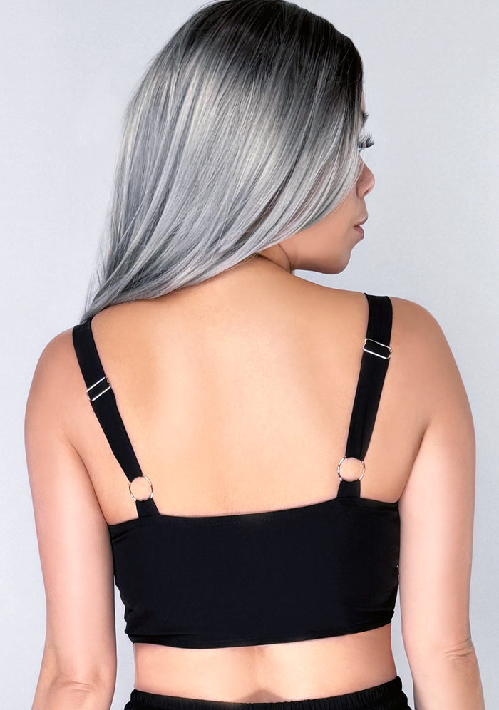 Hot & Delicious Metro Chic Black Cargo Crop Top in black — model back view