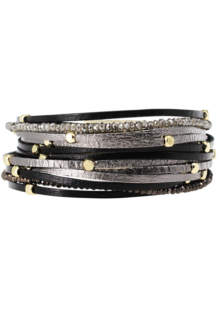 Erimish Midnight Glow Multi Strand Bracelet in black silver with gunmetal leather wrap and glass beaded strands on festival bracelet — front view