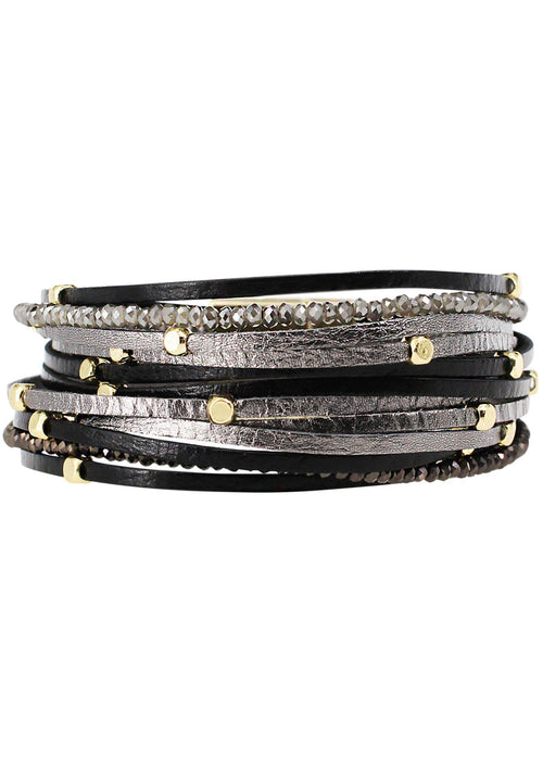 Erimish Midnight Glow Multi Strand Bracelet in black silver with gunmetal leather wrap and glass beaded strands on festival bracelet — front view
