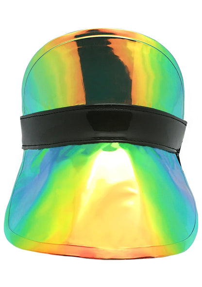 Fydelity Midnight Sass Retro Electric Visor in black with holographic iridescent shine and black band contrast on festival visor — front view