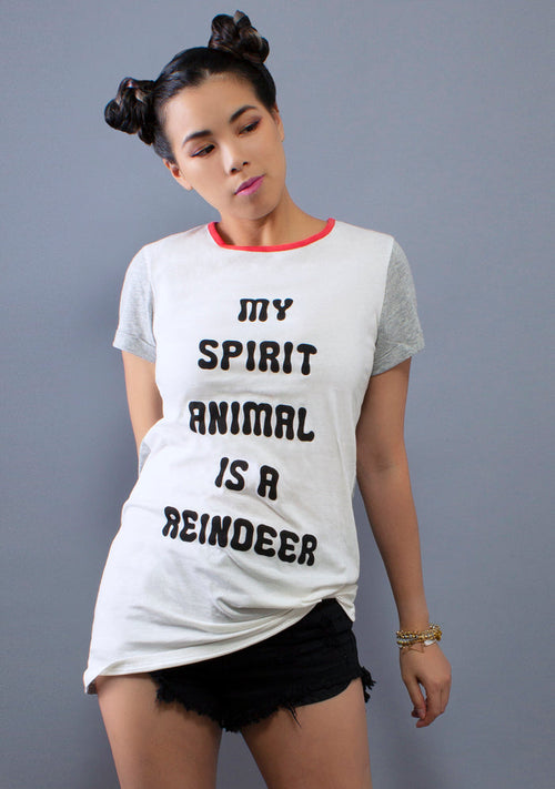 MINKPINK Spirit Animal Dress in white red grey with holiday word graphic and contrast red trim on festival sleepwear — model front view