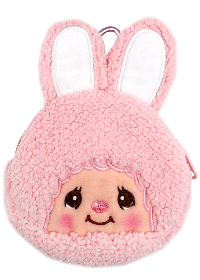 Sekiguchi Monchhichi Chimutan Bunny Plush Carabiner Coin Pouch in pink with embroidered Chimutan Bunny face on sherpa plush kawaii wristlet — front view