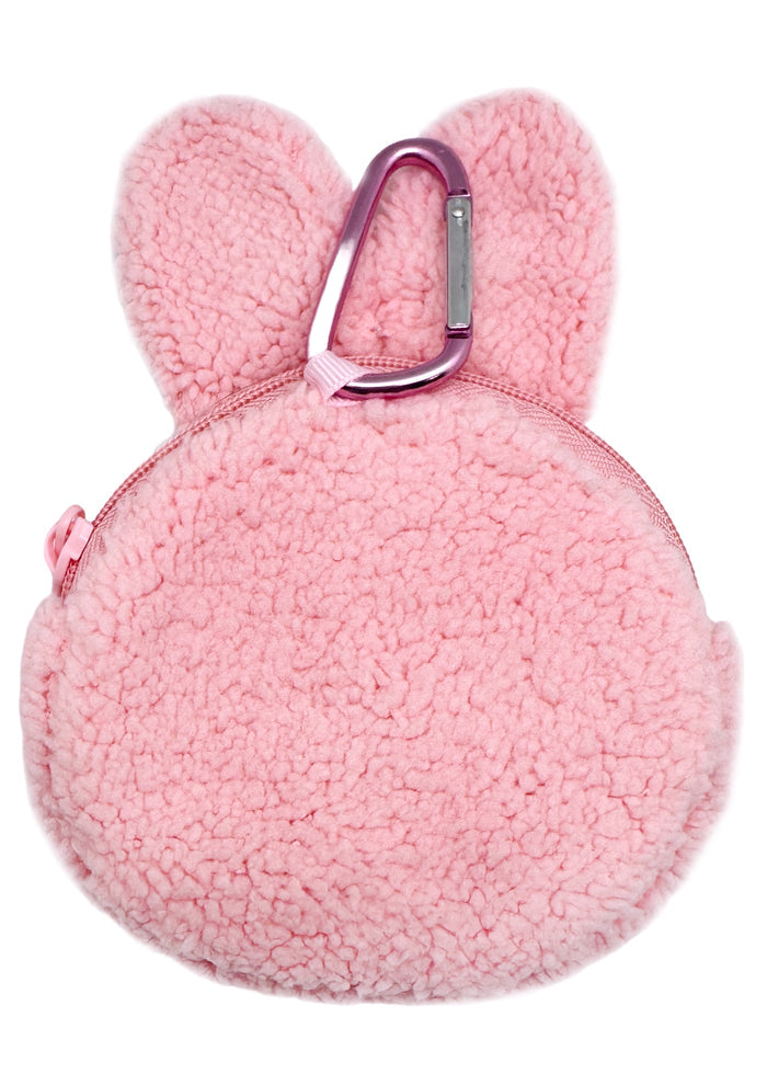 Sekiguchi Monchhichi Chimutan Bunny Plush Carabiner Coin Pouch in pink with embroidered Chimutan Bunny face on sherpa plush kawaii wristlet — back view