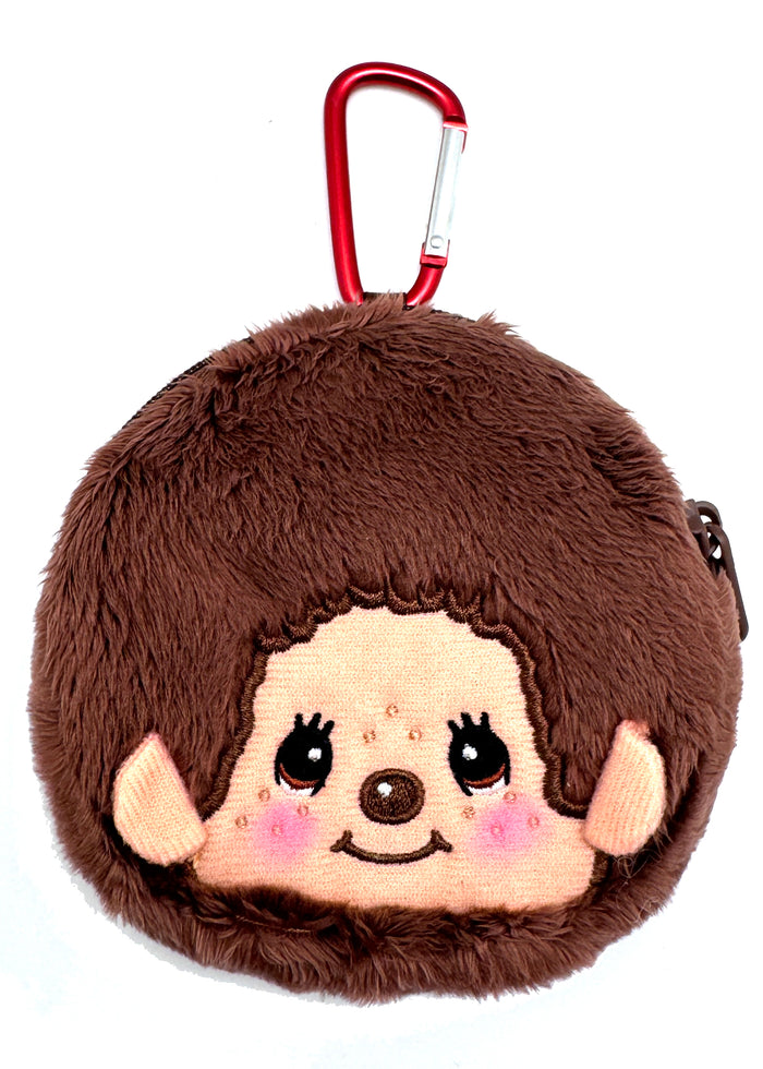 Sekiguchi Monchhichi-Kun Face Plush Carabiner Coin Pouch in brown with embroidered Monchhichi-Kun face on soft plush kawaii wristlet — front view