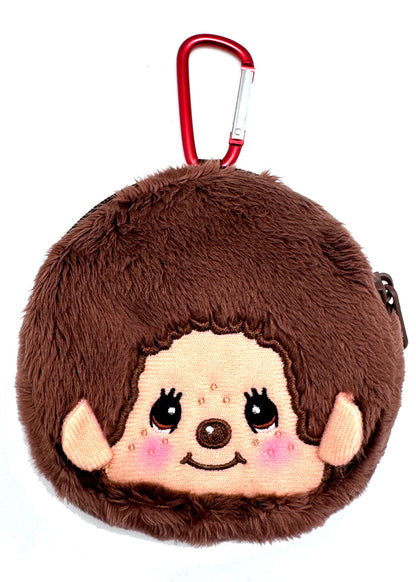 Sekiguchi Monchhichi-Kun Face Plush Carabiner Coin Pouch in brown with embroidered Monchhichi-Kun face on soft plush kawaii wristlet — front view