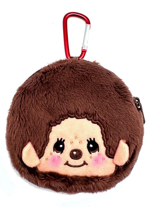 Sekiguchi Monchhichi-Kun Face Plush Carabiner Coin Pouch in brown with embroidered Monchhichi-Kun face on soft plush kawaii wristlet — front view