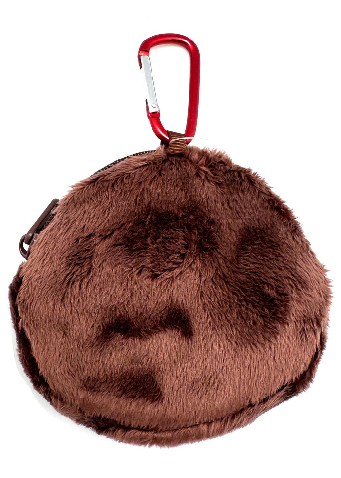 Sekiguchi Monchhichi-Kun Face Plush Carabiner Coin Pouch in brown with embroidered Monchhichi-Kun face on soft plush kawaii wristlet — back view