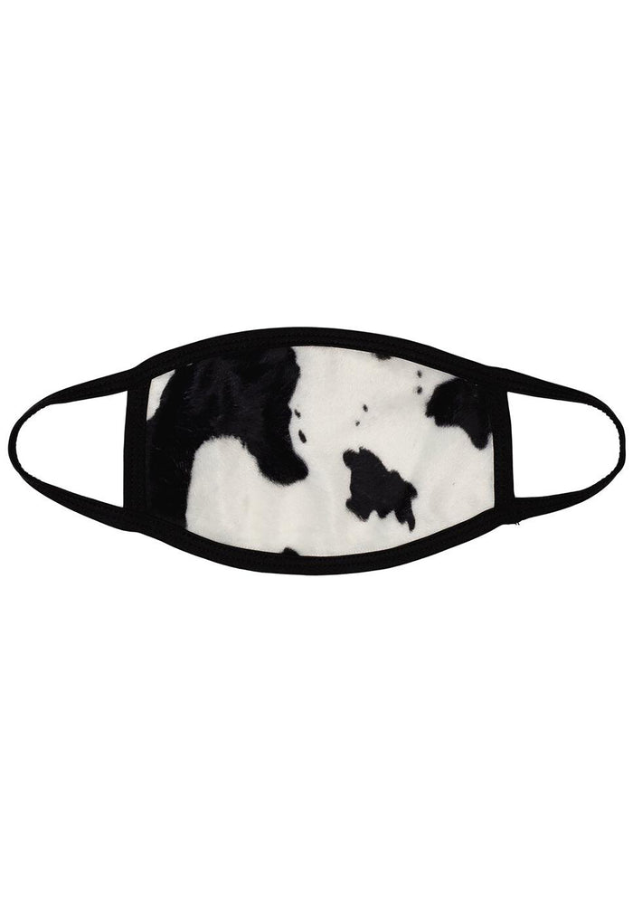 BGlittz Moo Moo Dust Mask in black white with all-over cow print on breathable nylon rave festival face mask — front view