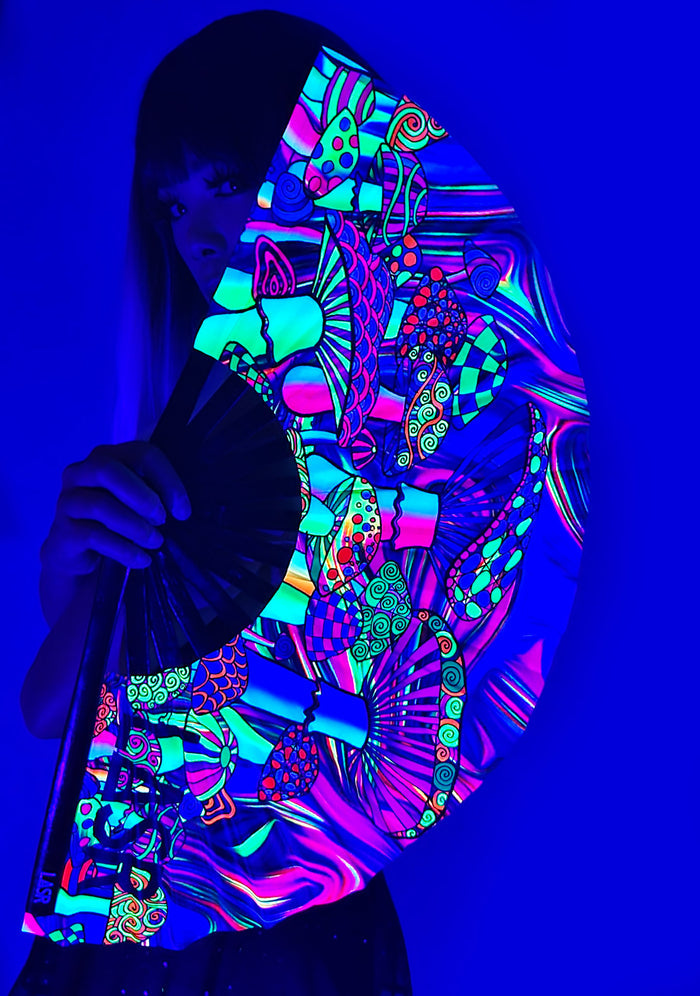 LASR Mushroom Madness UV Reactive Rave Fan — front view