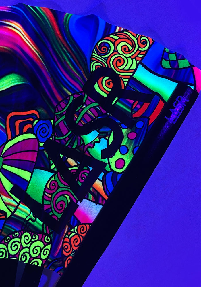 LASR Mushroom Madness UV Reactive Rave Fan — detail view