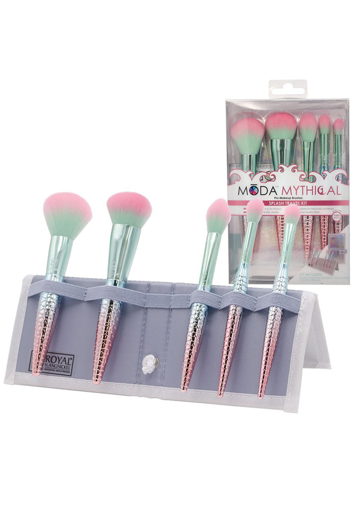 Moda Mythical Splash Makeup Brushes 6PC Kit in pink green with holographic flip travel case on vegan synthetic festival makeup brushes — detail view