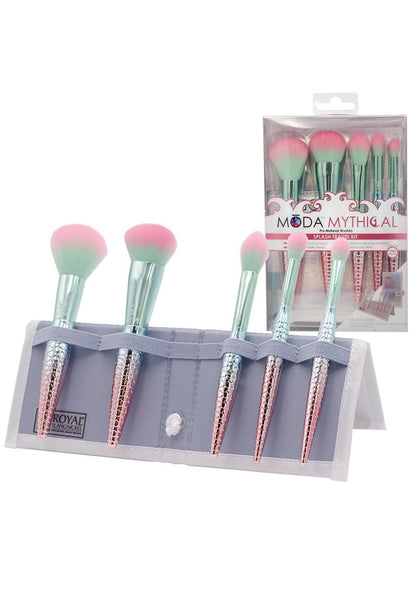 Moda Mythical Splash Makeup Brushes 6PC Kit in pink green with holographic flip travel case on vegan synthetic festival makeup brushes — detail view