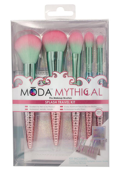 Moda Mythical Splash Makeup Brushes 6PC Kit in pink green — model view