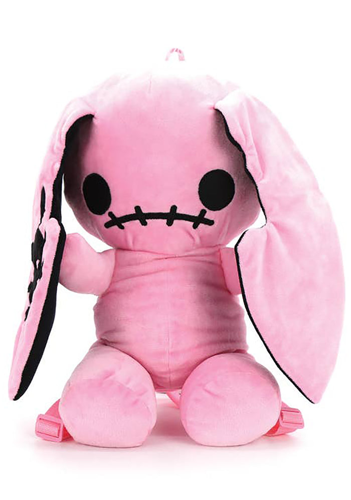 Sleepyville Critters Naughty Bunny Pink Plush Backpack in pink with 3D bunny plush design and skull patch ear accent on kawaii goth rave backpack — front view