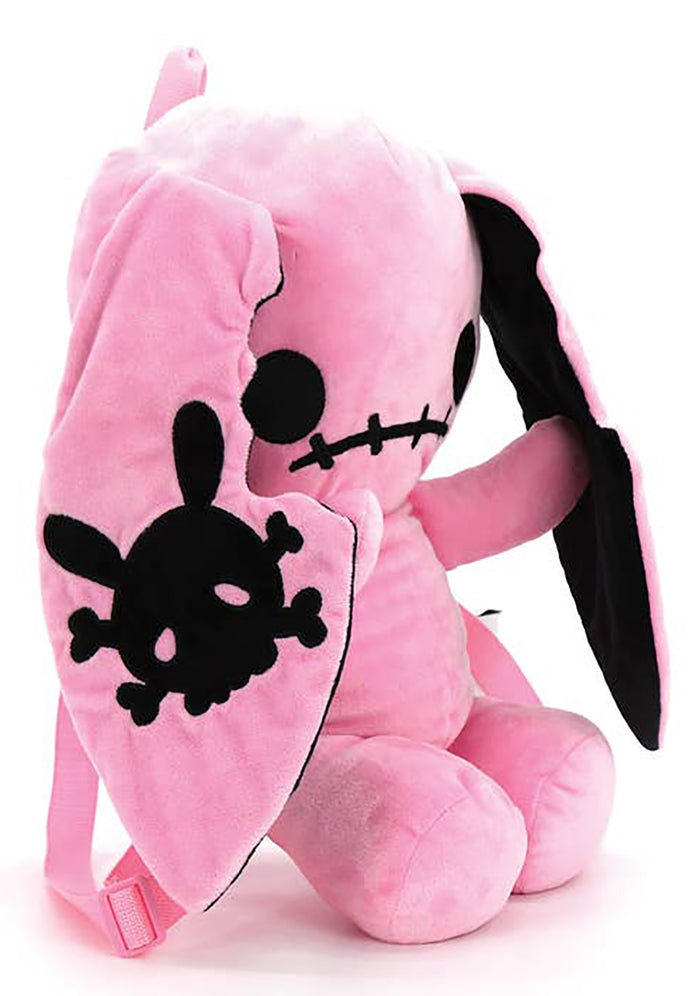 Sleepyville Critters Naughty Bunny Pink Plush Backpack in pink with 3D bunny plush design and skull patch ear accent on kawaii goth rave backpack — side view