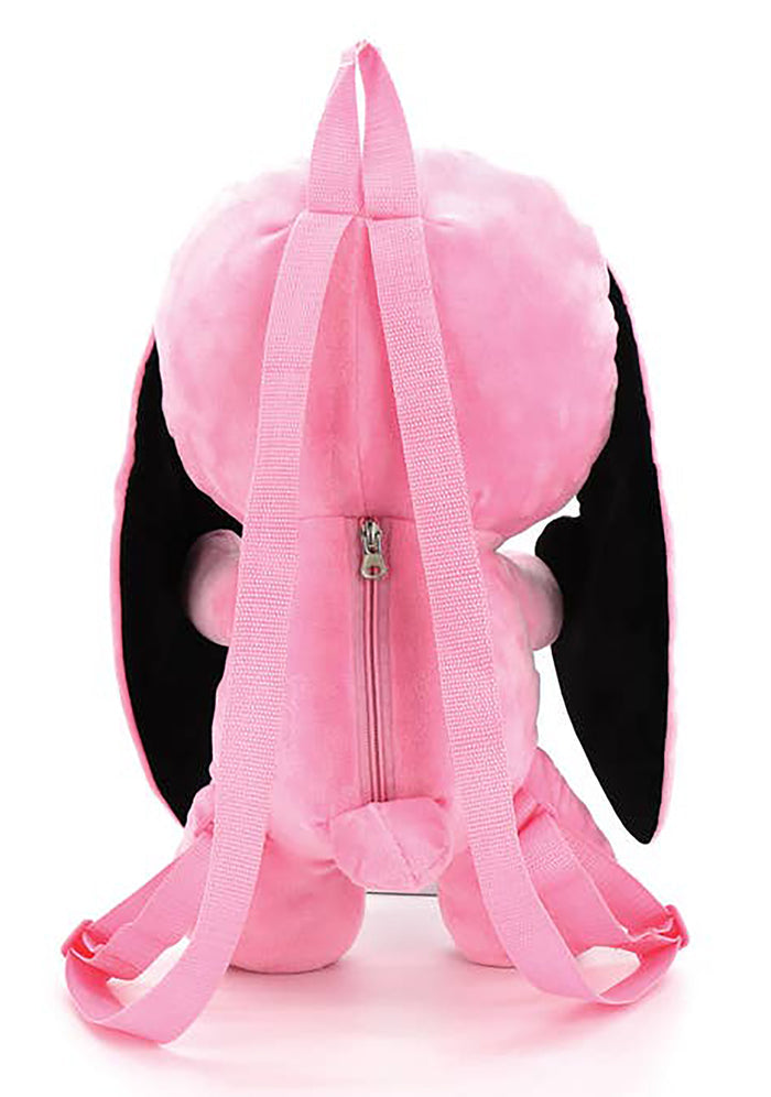 Sleepyville Critters Naughty Bunny Pink Plush Backpack in pink with 3D bunny plush design and skull patch ear accent on kawaii goth rave backpack — back view