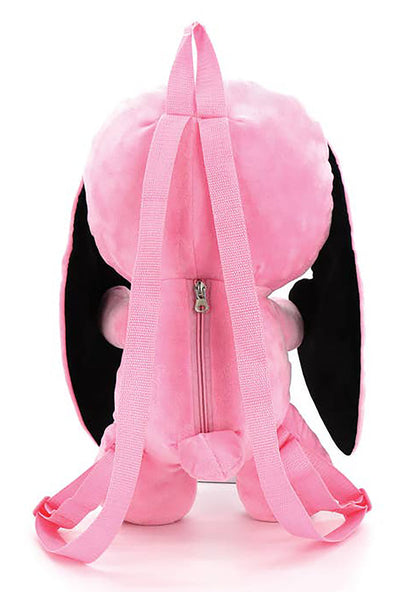 Sleepyville Critters Naughty Bunny Pink Plush Backpack in pink with 3D bunny plush design and skull patch ear accent on kawaii goth rave backpack — back view