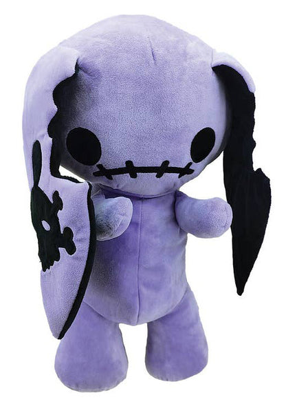 Sleepyville Critters Naughty Bunny Purple Plush Backpack in purple with 3D bunny plush and skull patch ear accent on kawaii goth rave backpack — front view
