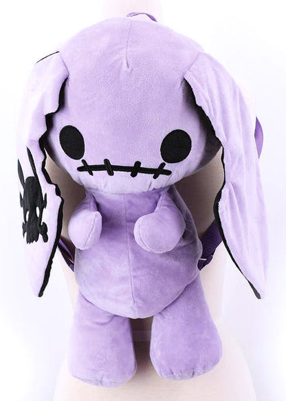 Sleepyville Critters Naughty Bunny Purple Plush Backpack in purple with 3D bunny plush and skull patch ear accent on kawaii goth rave backpack — detail view