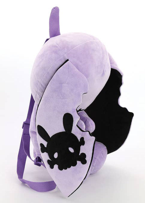 Sleepyville Critters Naughty Bunny Purple Plush Backpack in purple with 3D bunny plush and skull patch ear accent on kawaii goth rave backpack — side view