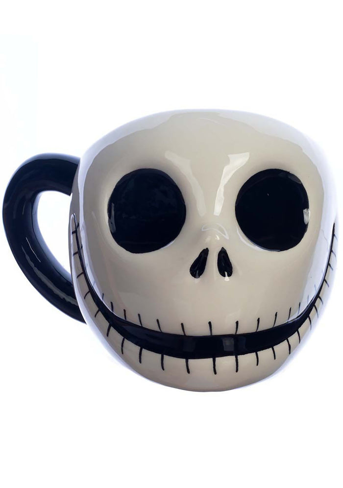 Bioworld Nightmare Before Christmas Jack Skellington Mug in black white with custom sculpted ceramic Jack Skellington shape and painted details — front view